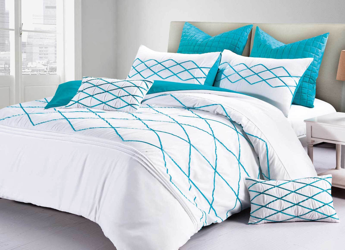 Adela White and Turquoise Blue Quilt Cover Set by Luxton Luxton Linen