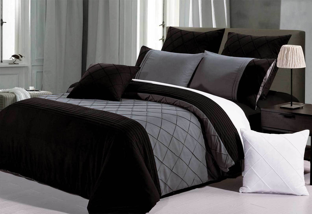 Black Grey Diamond Pintuck Quilt Cover Set