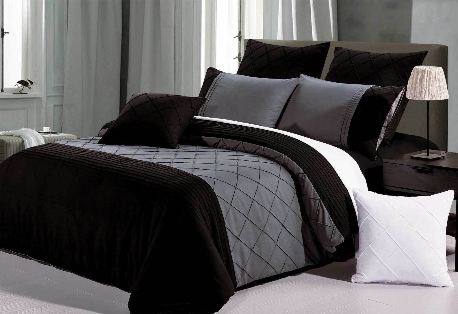 Black Grey Diamond Pintuck Quilt Cover Set
